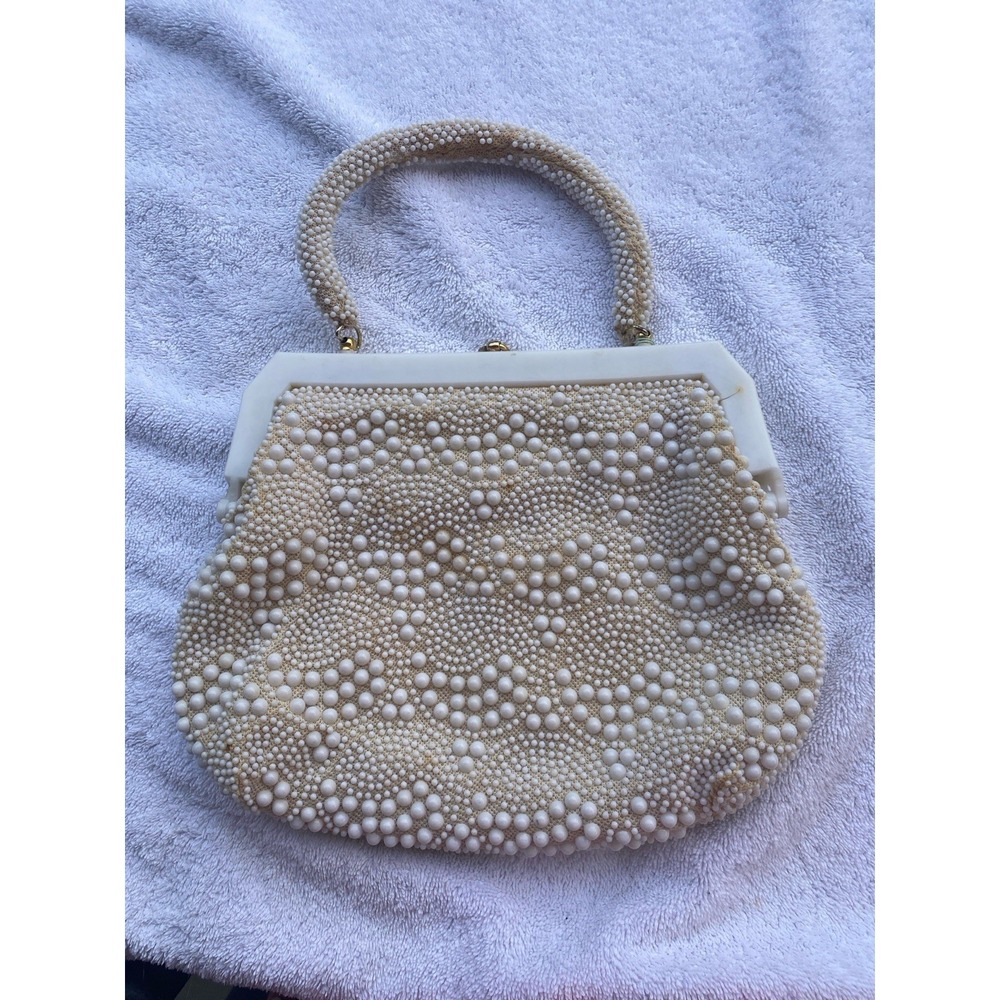 VTG‎ 1940s White Beaded Handbag Celluloid Frame Purse Handmade Hong Kong